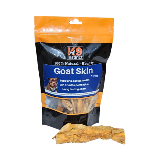 K9 Instinct goat skin chew packaging with a sample chew on a white background