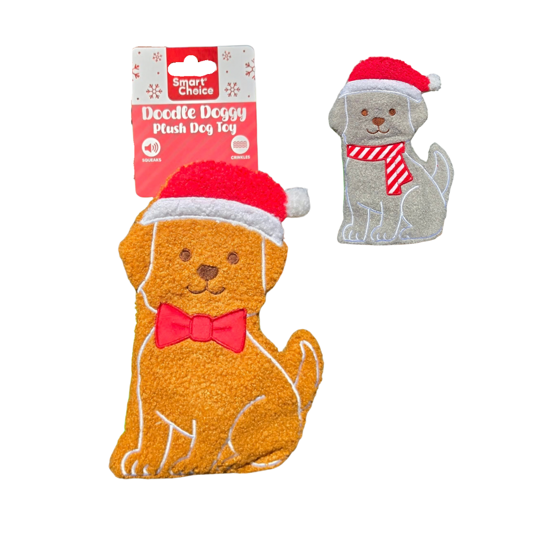 SC Christmas Squeaky Crinkle Doodle Flat Doggy Plush Dog Toy 23cm Assorted