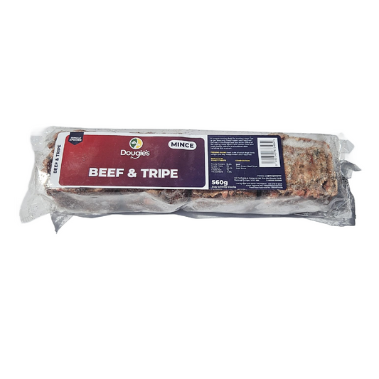 Packaged Dougies raw beef and tripe for dogs branding on a white background