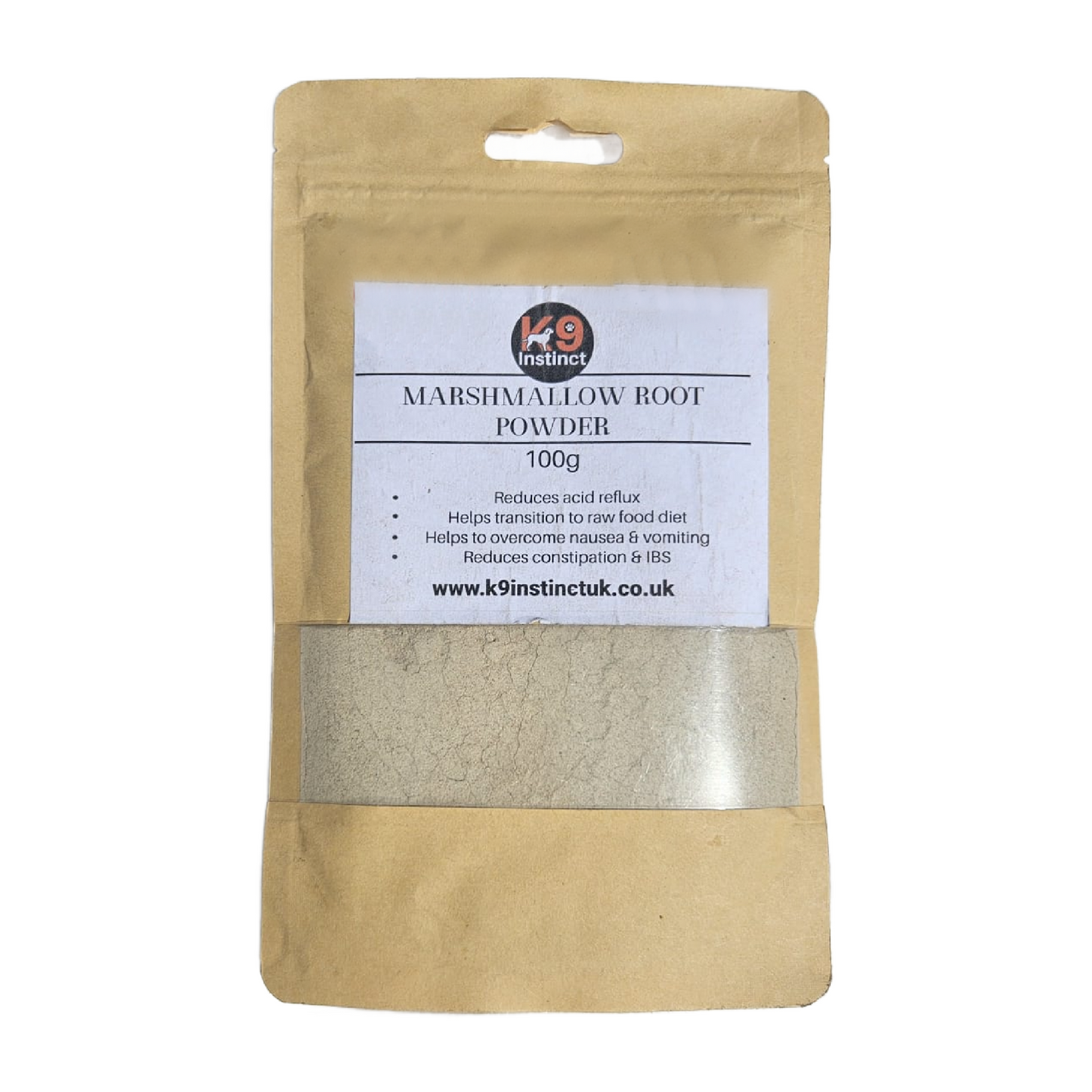 K9 Instinct Marshmallow Root Powder for dogs package on a white background