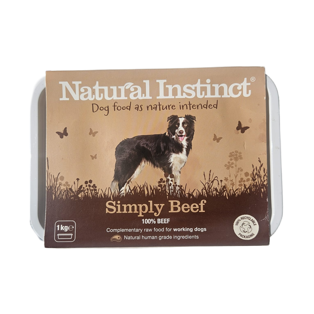 Dog food package with 'Natural Instinct' branding and a dog illustration on a beige background.