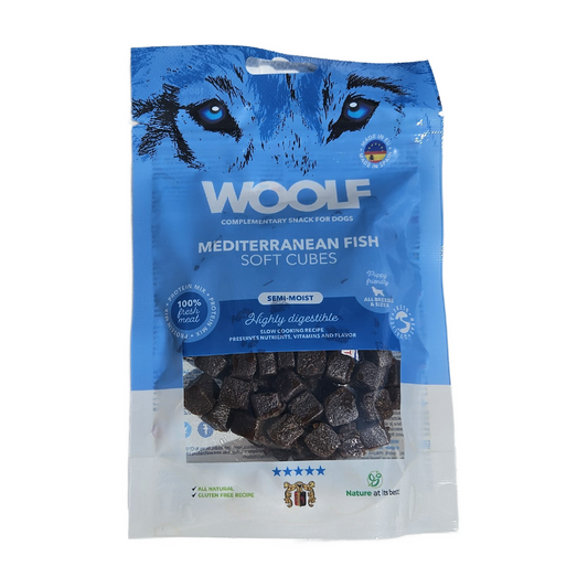Woolf Mediterranean Fish Soft Cubes dog snack package on a white background