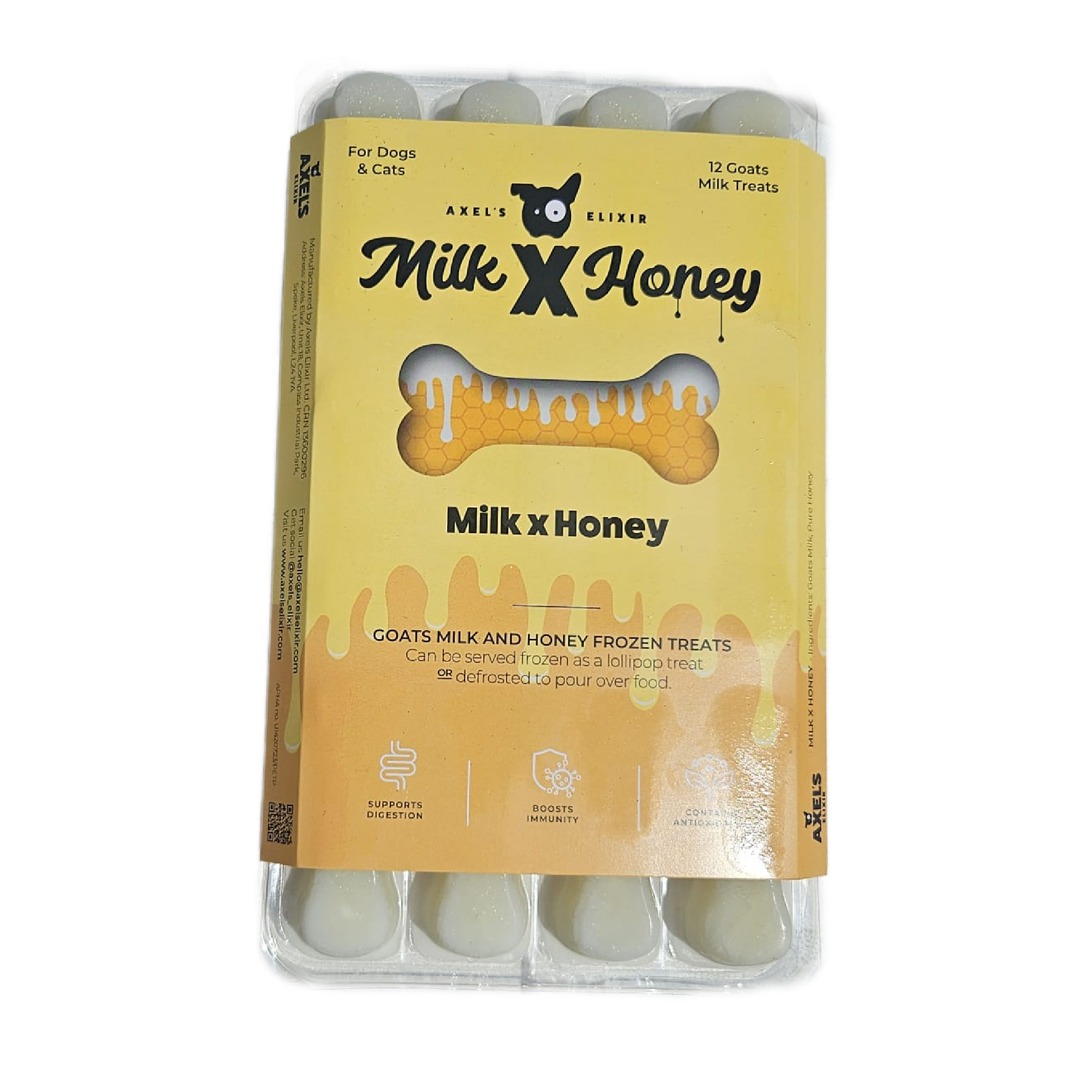 Pack of Milk x Honey goat milk and honey frozen treats for dogs and cats on a white background.