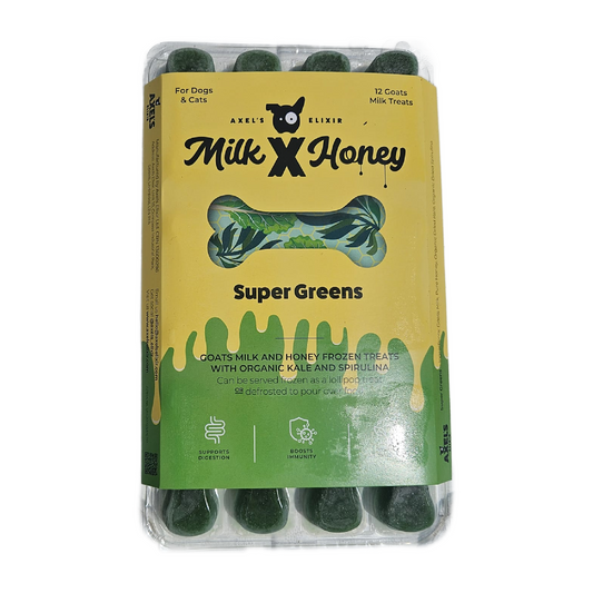 Pack of Milk X Honey Super Greens dog treats with yellow and green packaging.