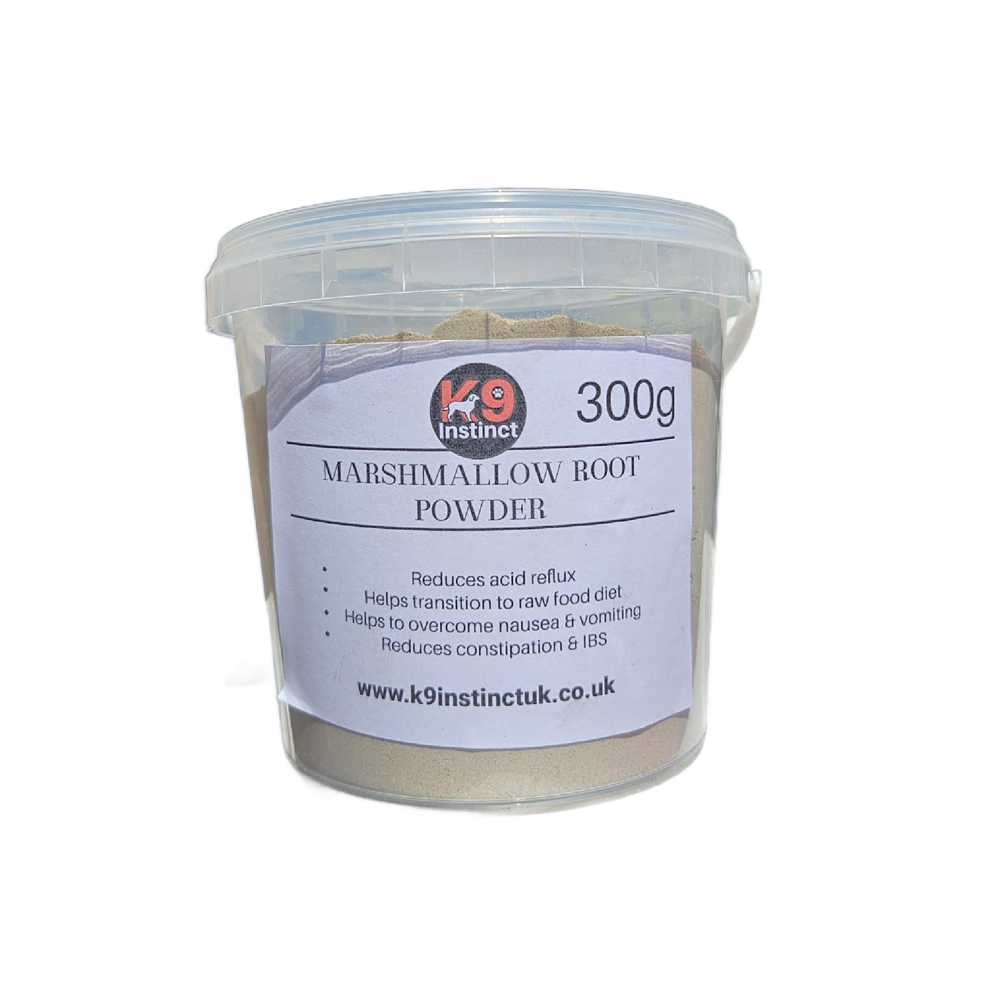 K9 Instinct marshmallow root powder  for dogs container on a white background
