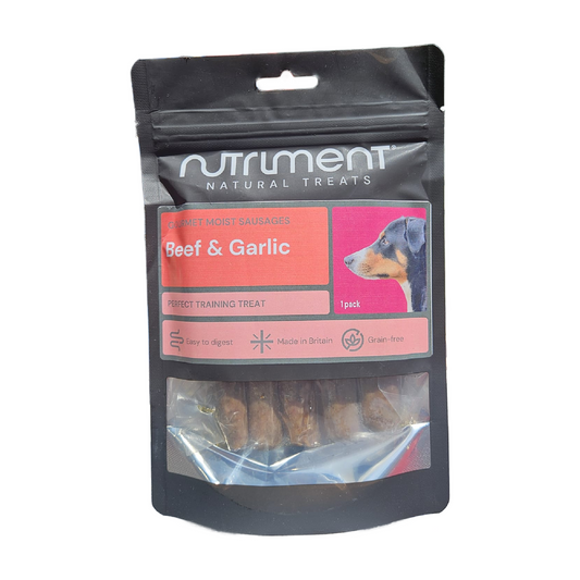 Pack of Nutriment natural treats for dogs with beef and garlic flavor on a white background