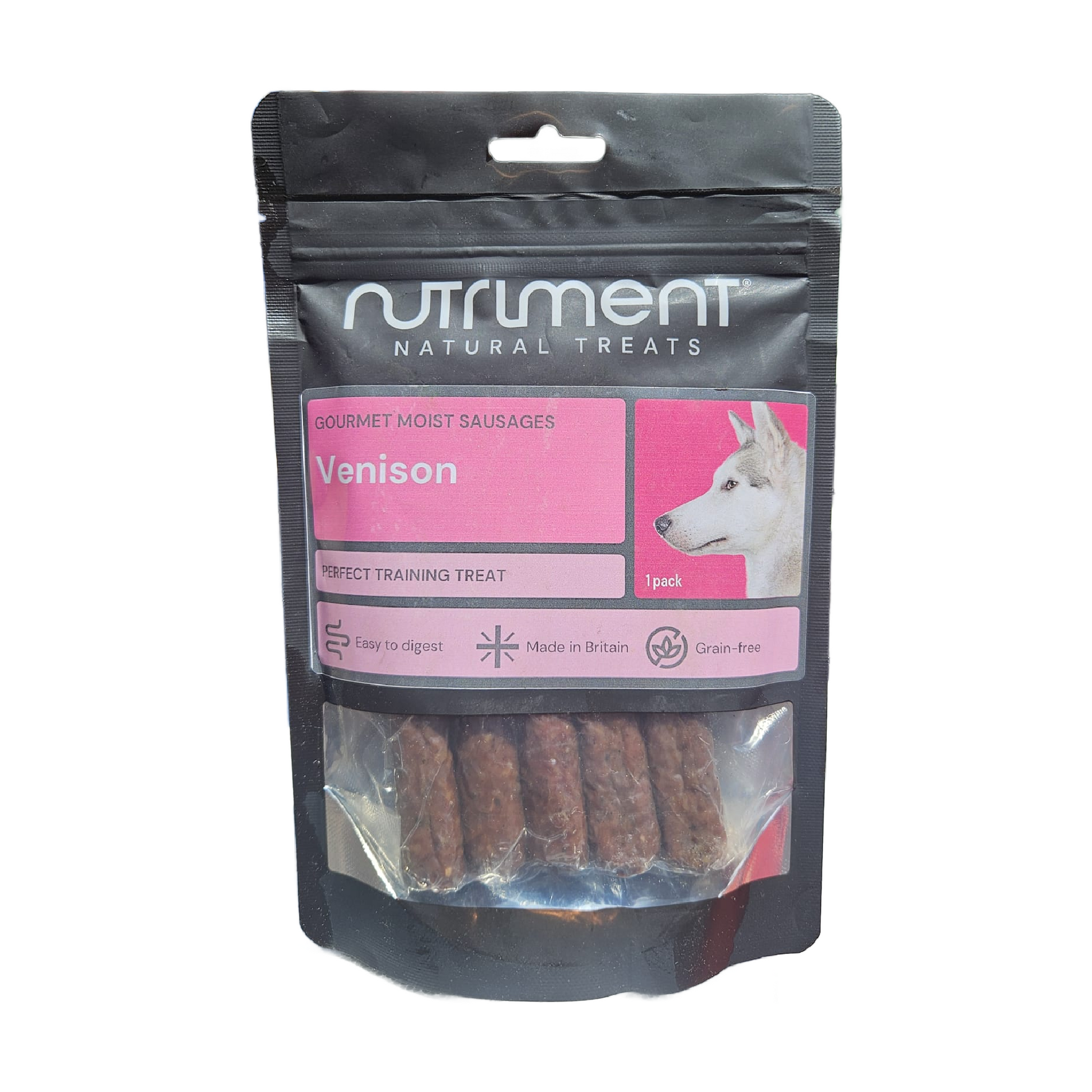 Package of Nutriment Venison dog treats on a white background