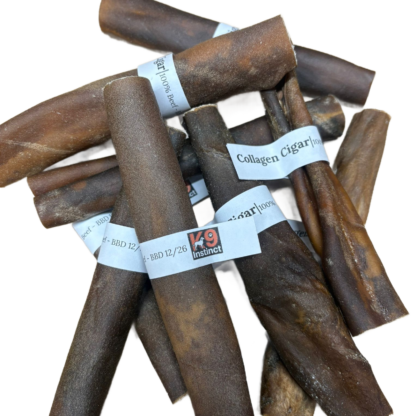 Collagen dog chews with visible branding on a white background