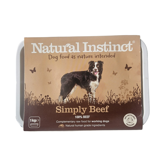 Dog food package with 'Natural Instinct' branding and a dog illustration on a beige background.