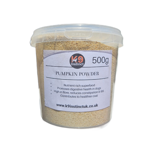 K9 Instinct pumpkin powder for dogs container with a white label on a white background