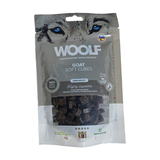 Woolf Goat Soft Cubes for dogs packaging on a white background