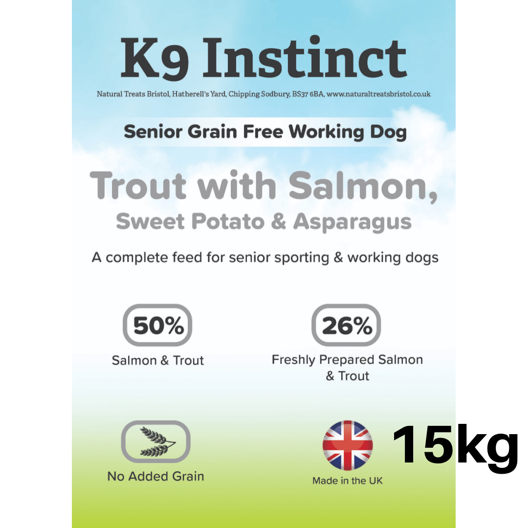 Trout with Salmon, Sweet Potato & Asparagus 15kg - Grain Free dry food for senior dogs